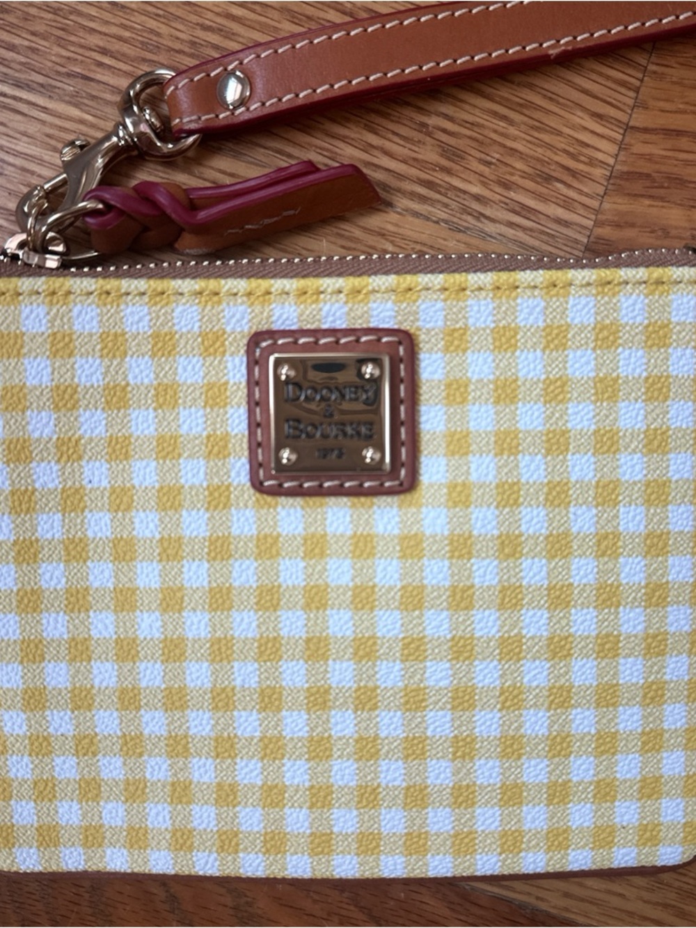 Dooney & Bourke Yellow and White Gingham Wristlet with Leather Strap - Picture 2 of 4